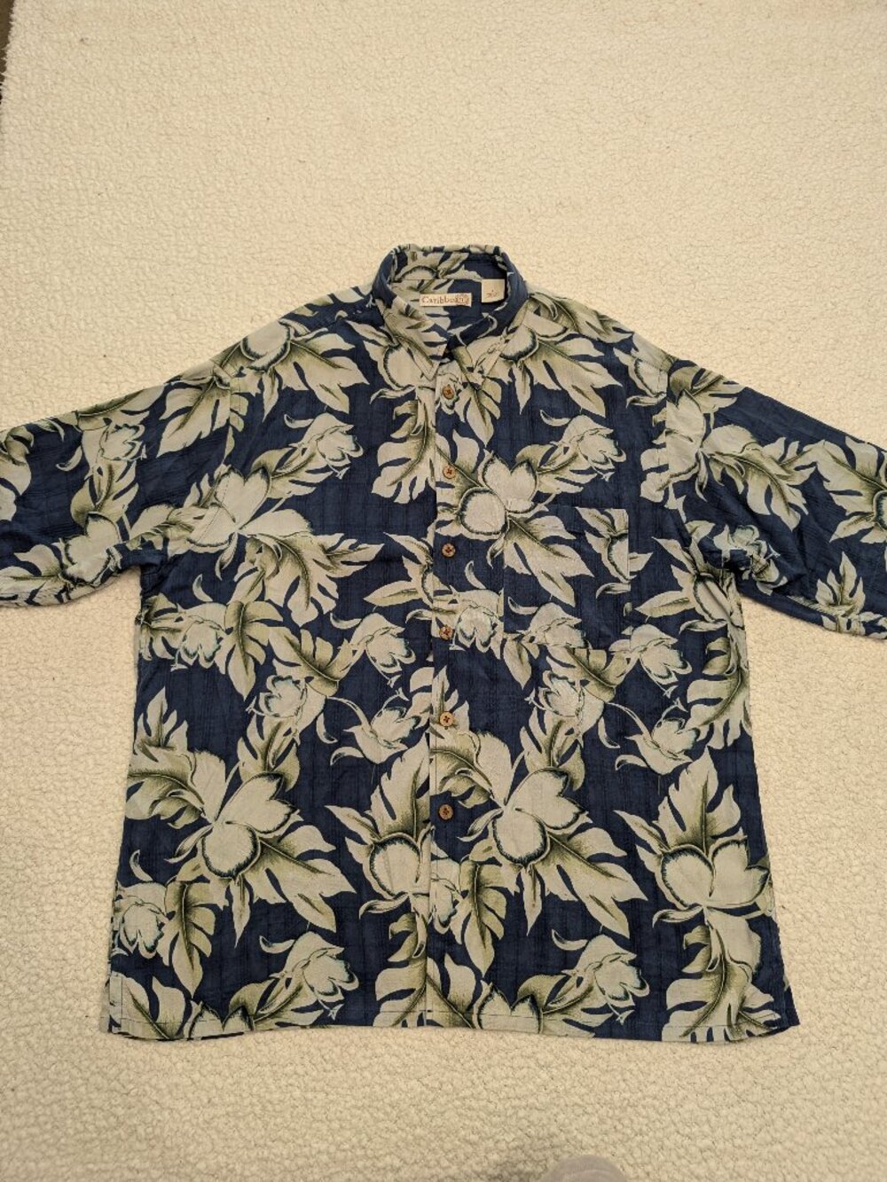 Caribbean 100% Silk Hawaiian Shirt Mens Large Blue Floral Tropical Button Up